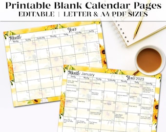 Editable & Printable Blank Calendar in Watercolor Sunflower Design | Perpetual Calendar | Calendar | Printable Calendar | Instant Download