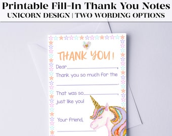 Fill-in-the-Blank Thank You Cards Printable for Kids | Unicorn Thank You Notes | Kids Thank You Card | Instant Download | Birthday Thank You