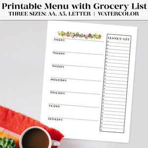 Watercolor Printable Meal Planner with Shopping List | Weekly Menu Planner | Grocery List | Meal Planning | Instant Download