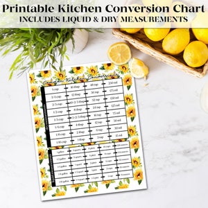 Puede incluir: Tabla de conversión de cocina imprimible con girasoles sobre un fondo blanco. La tabla incluye medidas secas en tazas y cucharadas, y medidas líquidas en galones, cuartos, pintas, tazas y onzas.