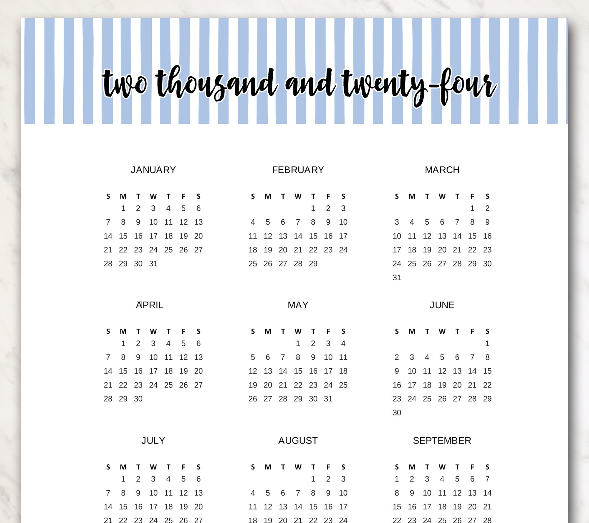 Printable 2024 Wall Calendar Year at a Glance Printable Digital ...