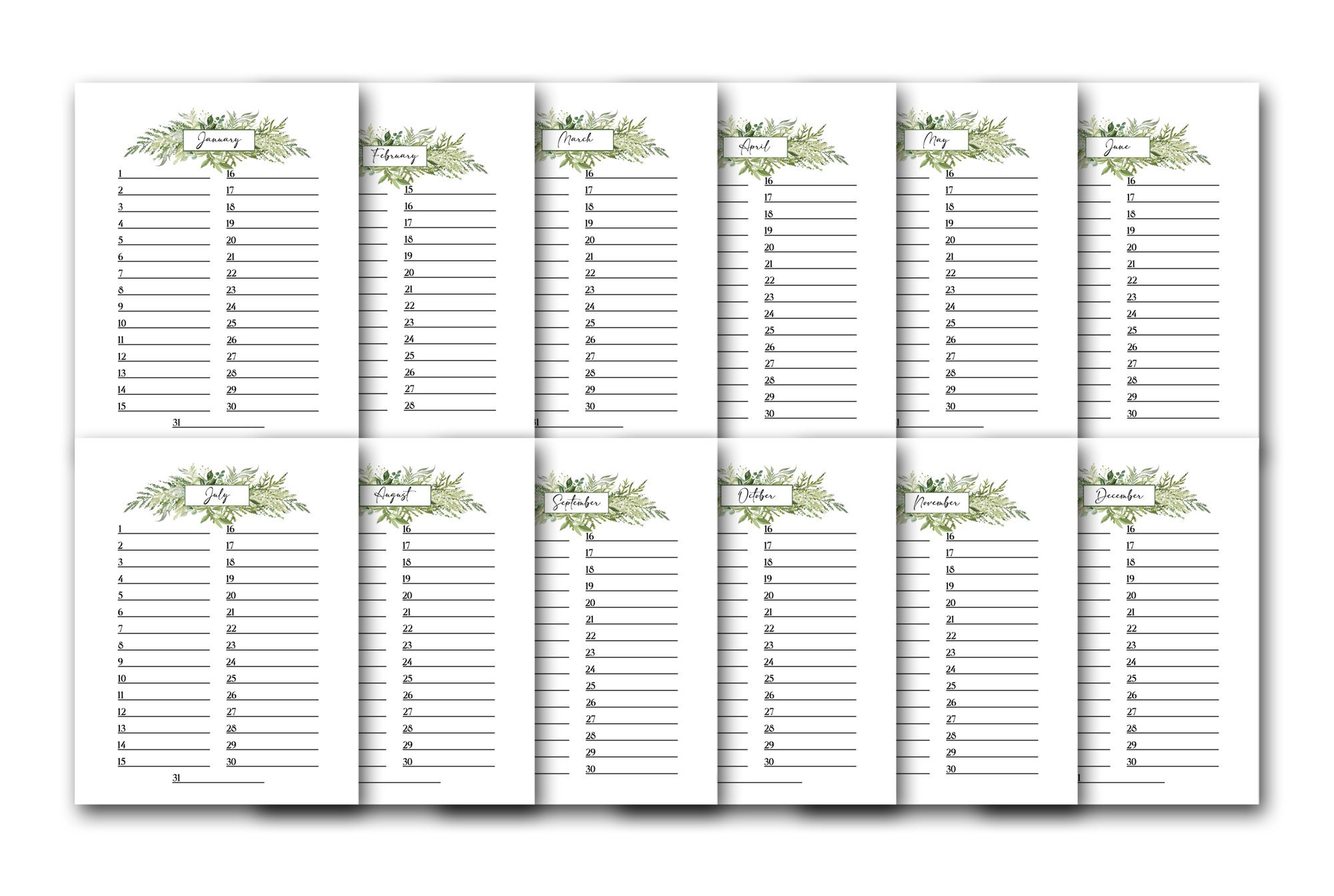 Printable Watercolor Botanical Perpetual Calendar Desk Calendar Undated ...