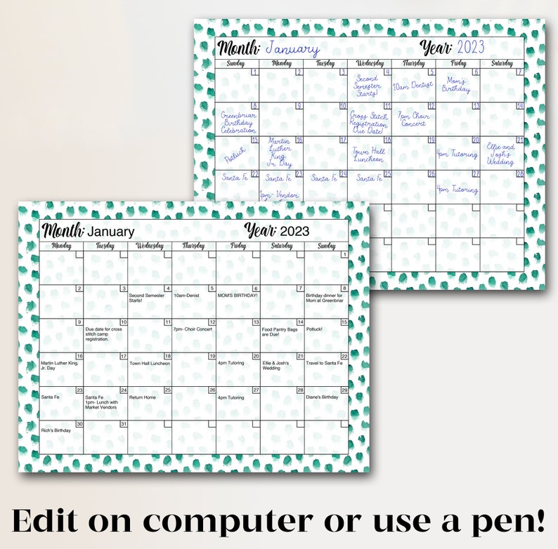 Editable & Printable Blank Calendar Pages Perpetual Calendar Digital 