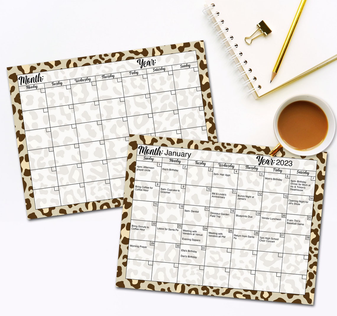Editable &amp; Printable Blank Calendar in Leopard Print | Perpetual ...