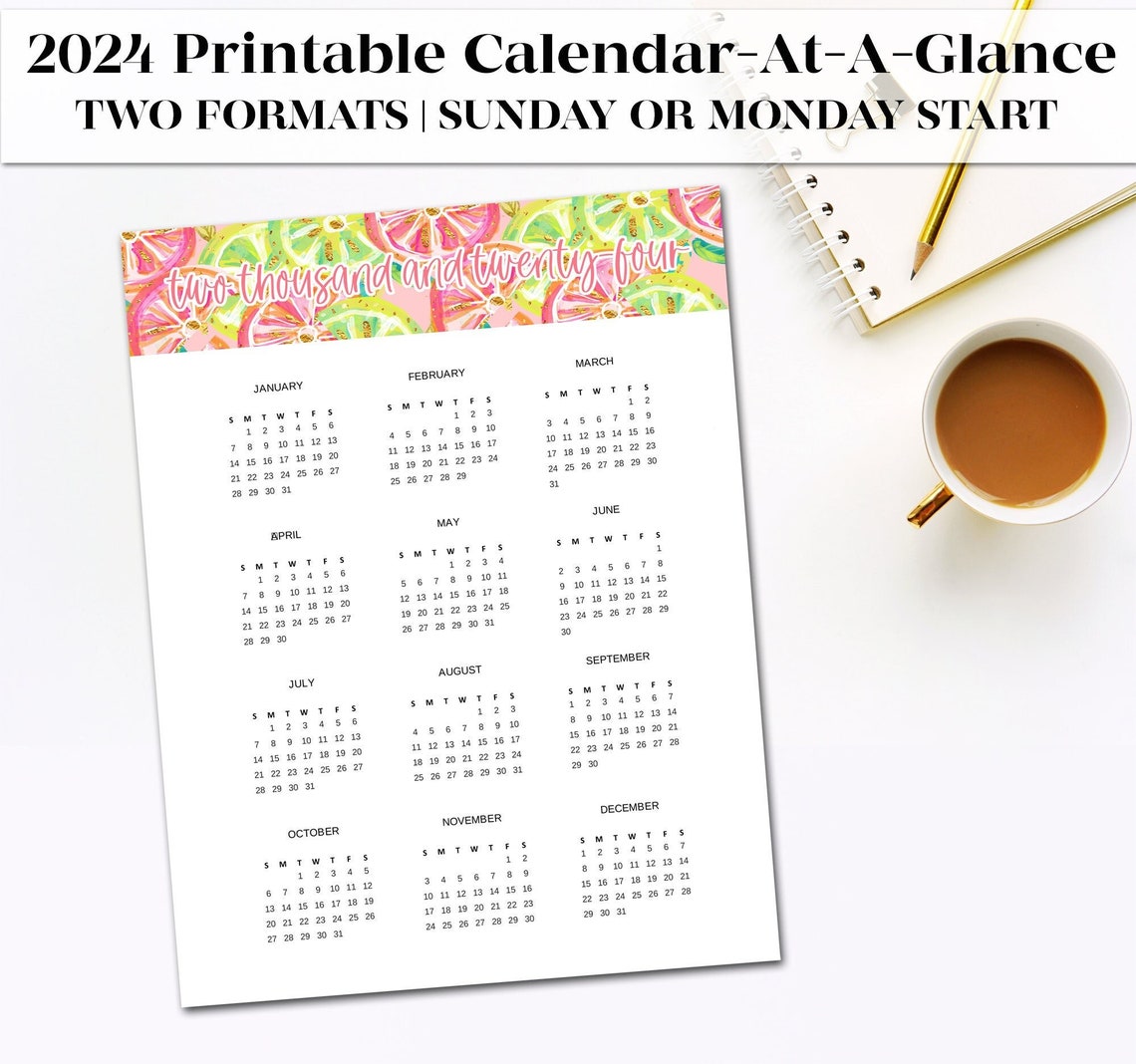 Printable 2024 Wall Calendar Year at a Glance | Preppy Citrus Printable ...