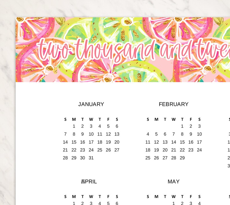 Printable 2025 Wall Calendar Year at a Glance Preppy Citrus Printable
