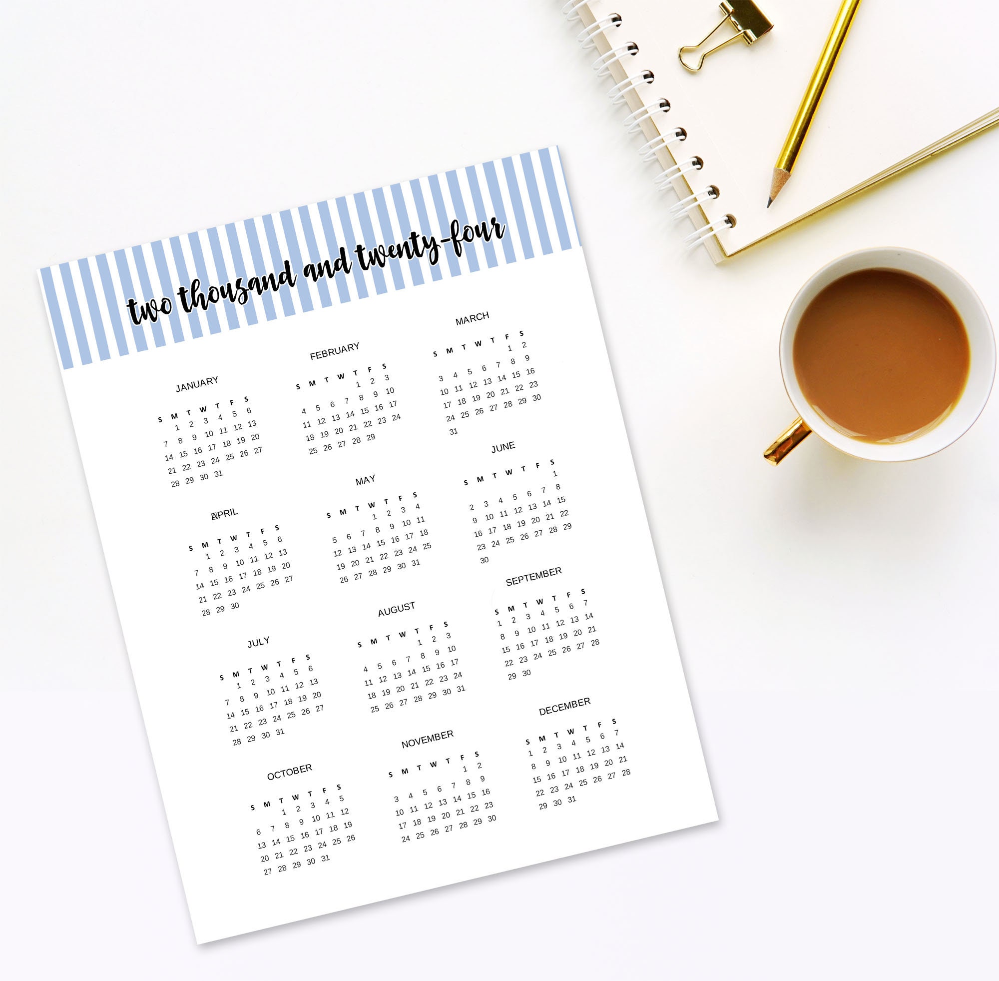 Printable 2024 Wall Calendar Year at a Glance Printable Digital ...
