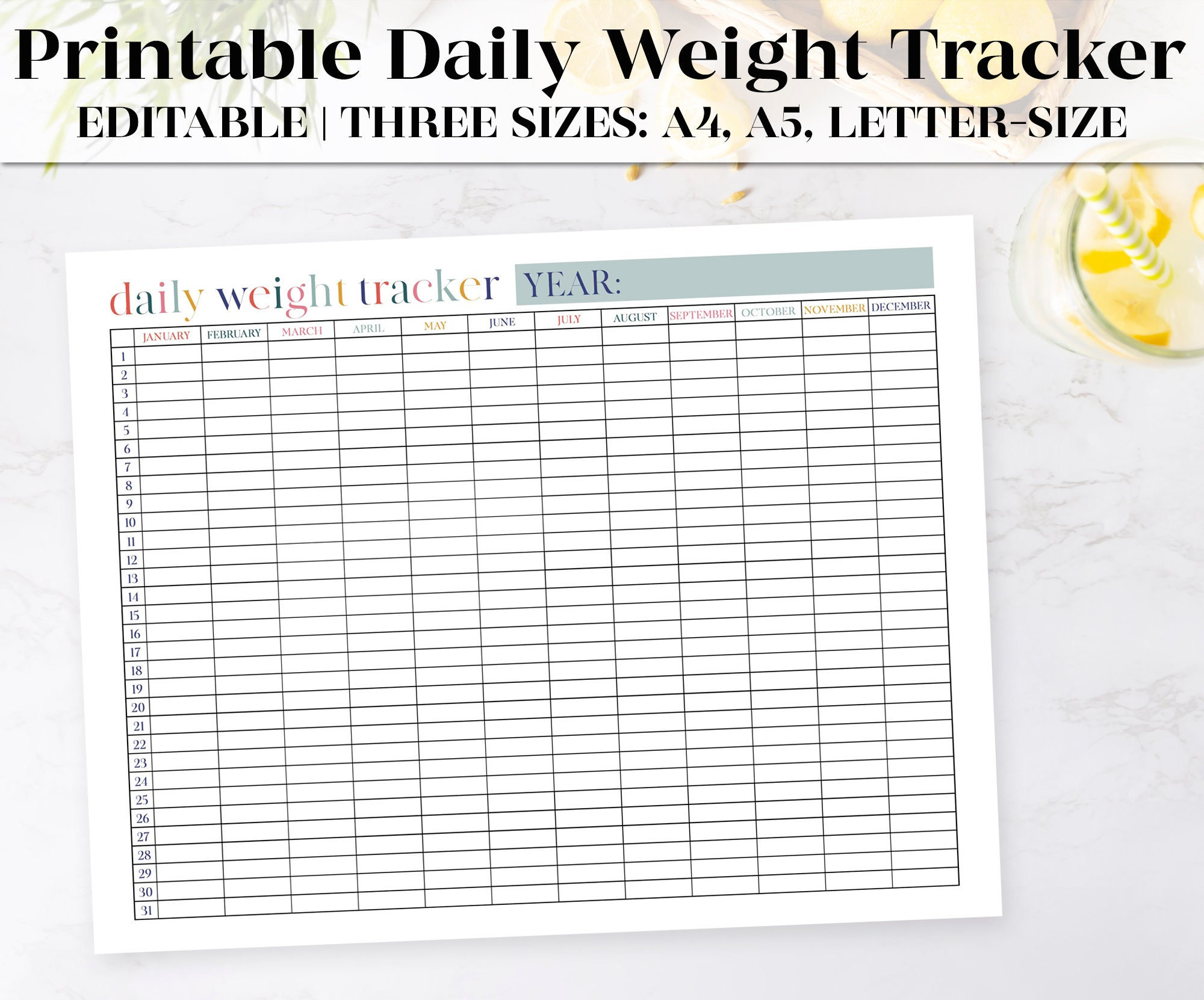 Printable Weight Loss Tracker | Editable PDF | Weight Loss Planner