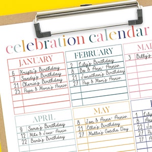Printable Celebration Calendar Digital Download Perpetual Calendar Instant Download Birthday Tracker Birthday Calendar image 2