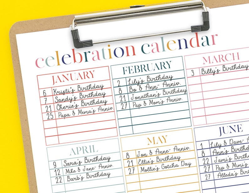 Printable Celebration Calendar Digital Download Perpetual Calendar Instant Download Birthday Tracker Birthday Calendar image 2