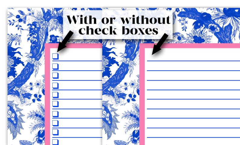 Preppy Printable Checklist | Blue, Pink, White Toile To Do List | Chinoiserie Checklist | Cute Printable To Do Lists | Checkboxes/No Boxes image 2