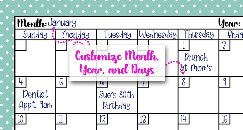 24 Polka Dot Blank Calendars in Lots of Colors | Printable Calendar ...