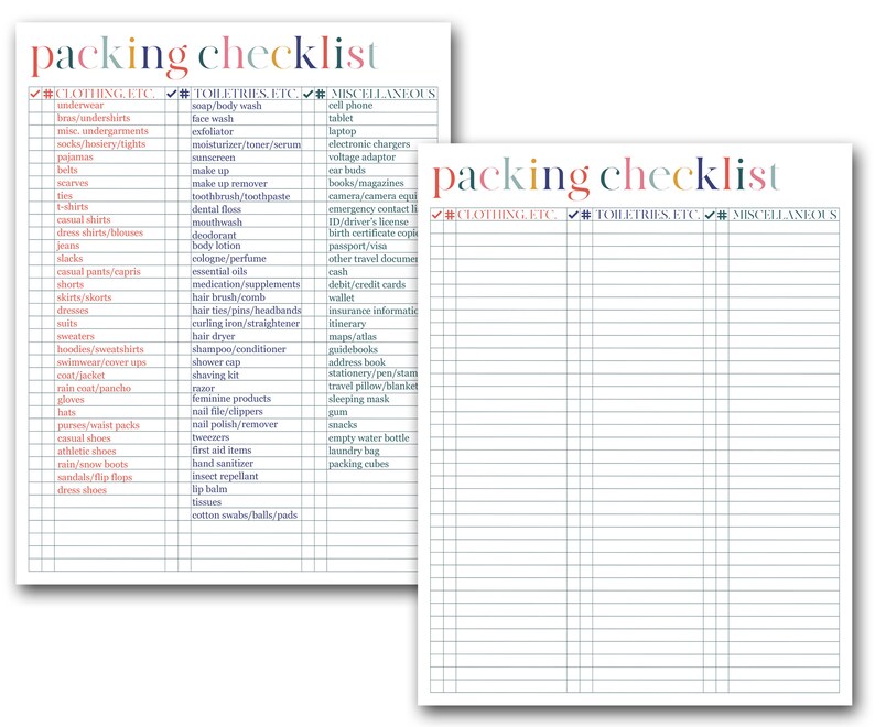 Travel Checklist Printable Packing List Packing Checklist Travel ...