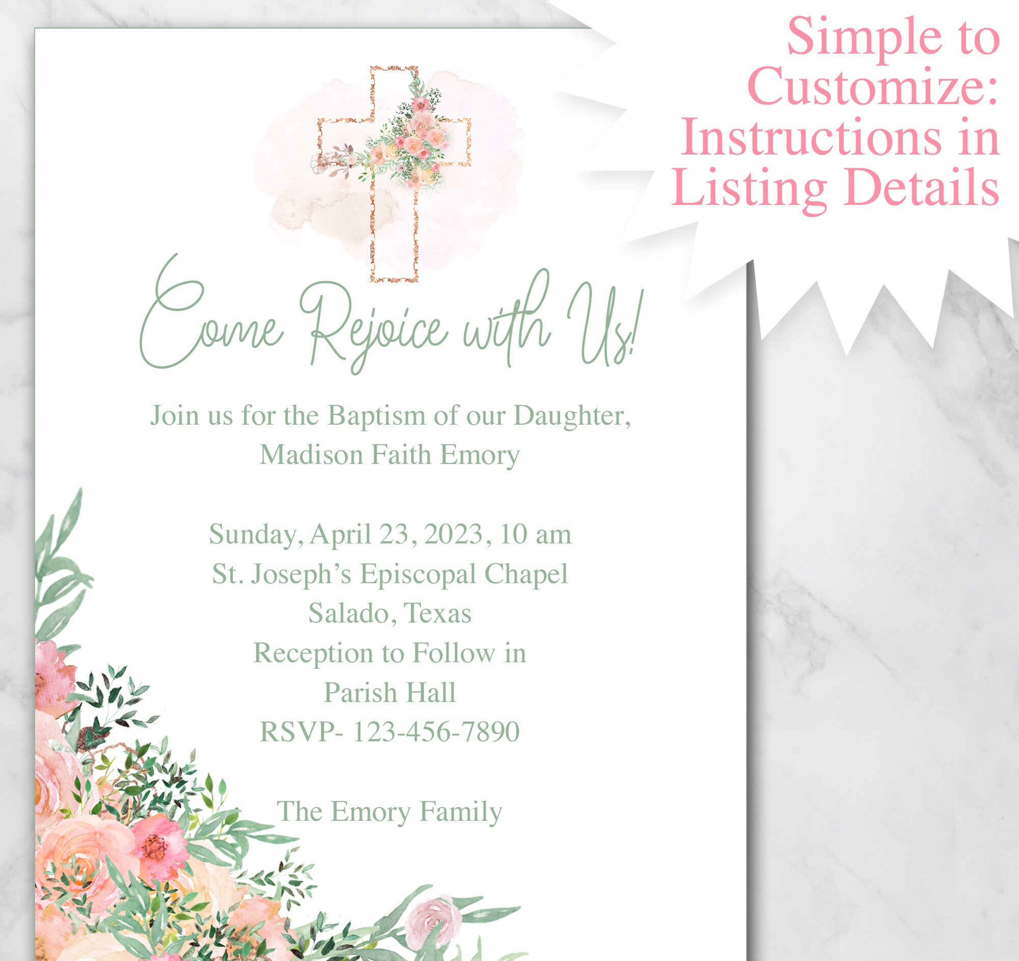 Printable Baptism Invitation Template | Christening Invite | First ...