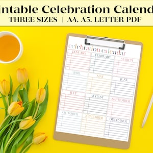 Printable Celebration Calendar | Digital Download | Perpetual Calendar | Instant Download | Birthday Tracker | Birthday Calendar
