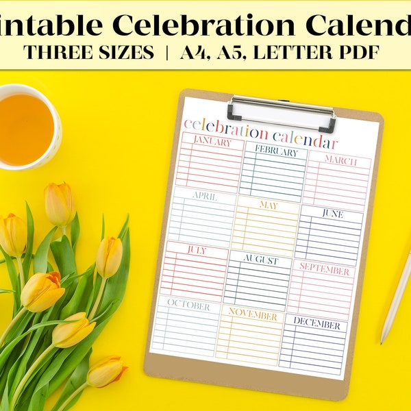 Printable Celebration Calendar | Digital Download | Perpetual Calendar | Instant Download | Birthday Tracker | Birthday Calendar