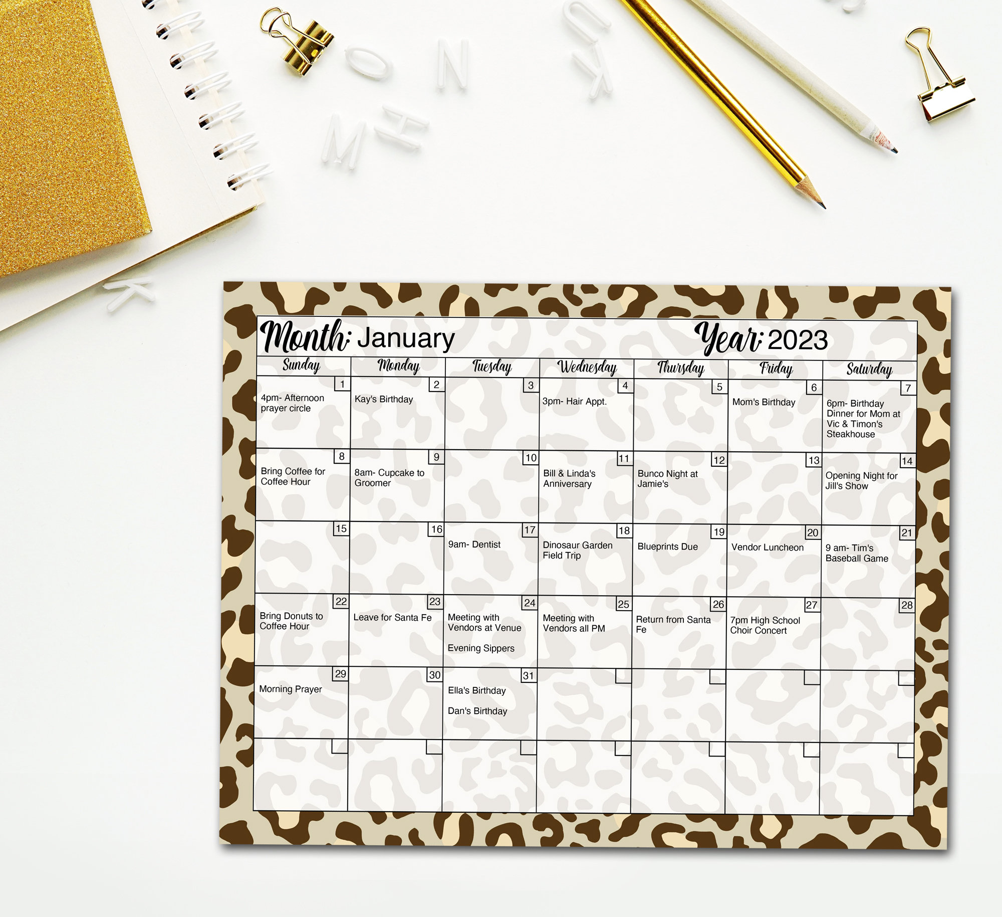 Editable & Printable Blank Calendar in Leopard Print Perpetual
