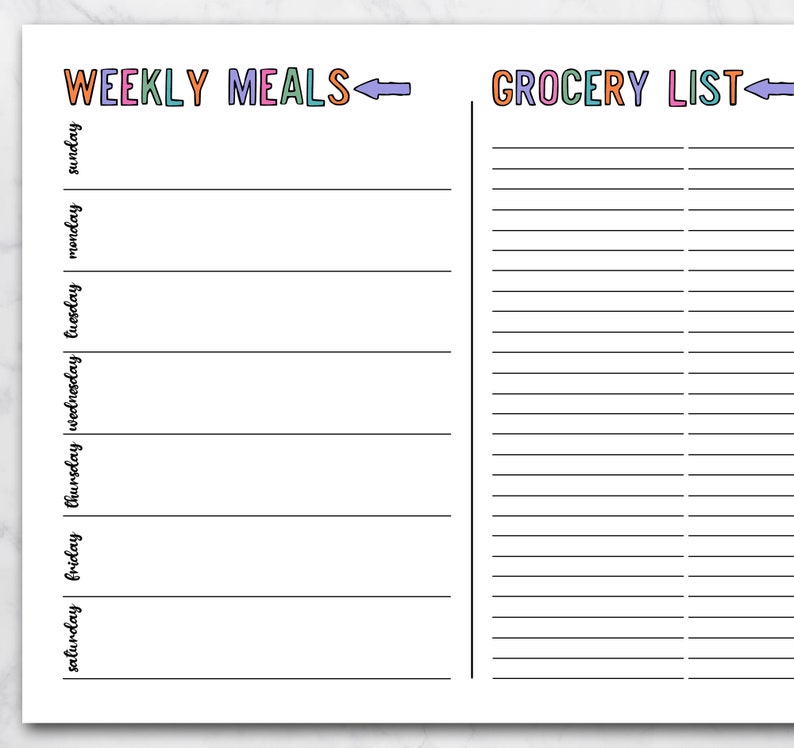 Printable Meal Planner & Shopping List Weekly Meal Planner Template