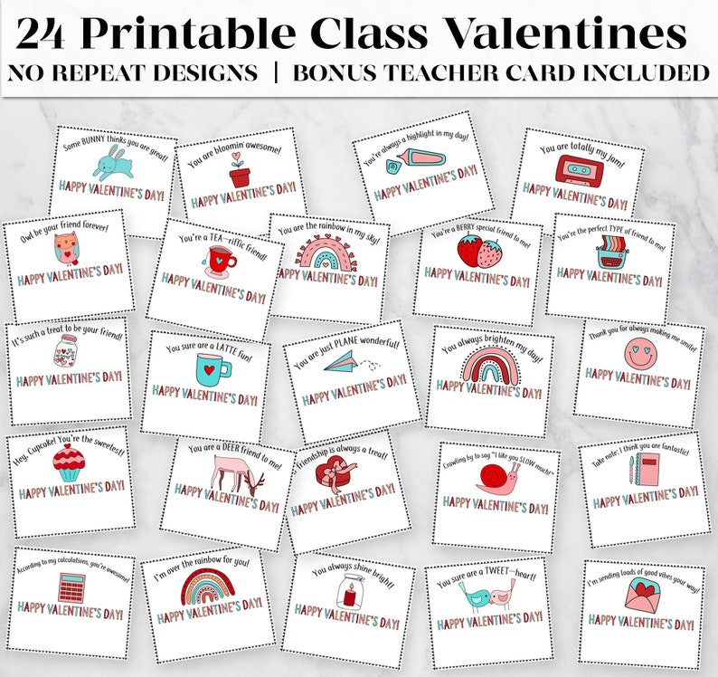 24 Printable Classroom Valentines Bonus Printable Teacher Valentine Card Class Valentines Printable Valentines Digital Downloads image 1