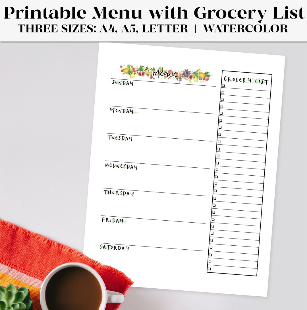 Watercolor Printable Meal Planner With Shopping List | Weekly Menu ...