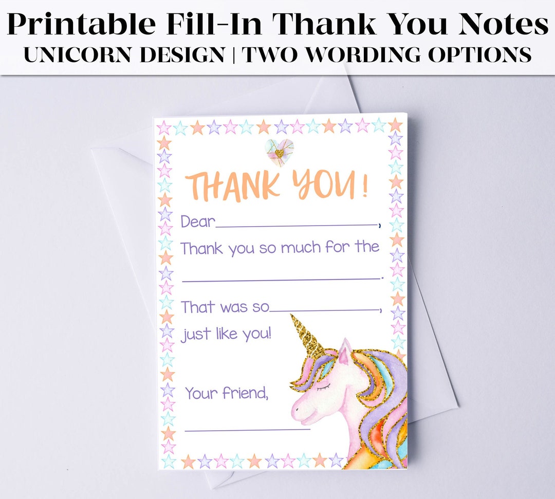 Fill-in-the-blank Thank You Cards Printable for Kids | Unicorn Thank ...
