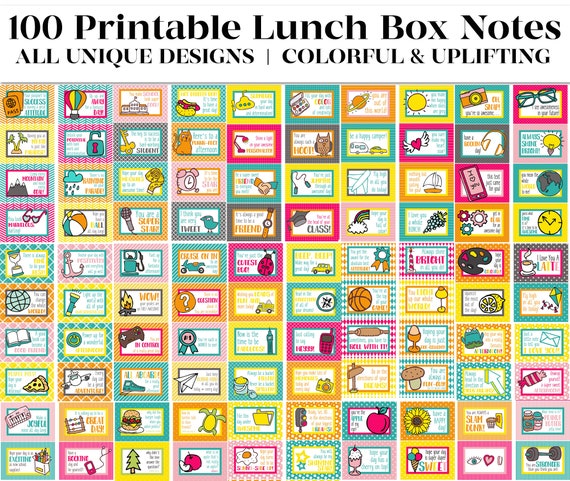 Over 100 Printable Lunch Box Notes | Lunch Box Cards | Lunch Notes | No Repeat Designs! | Send smiles to lunch every day! | Kids Printables