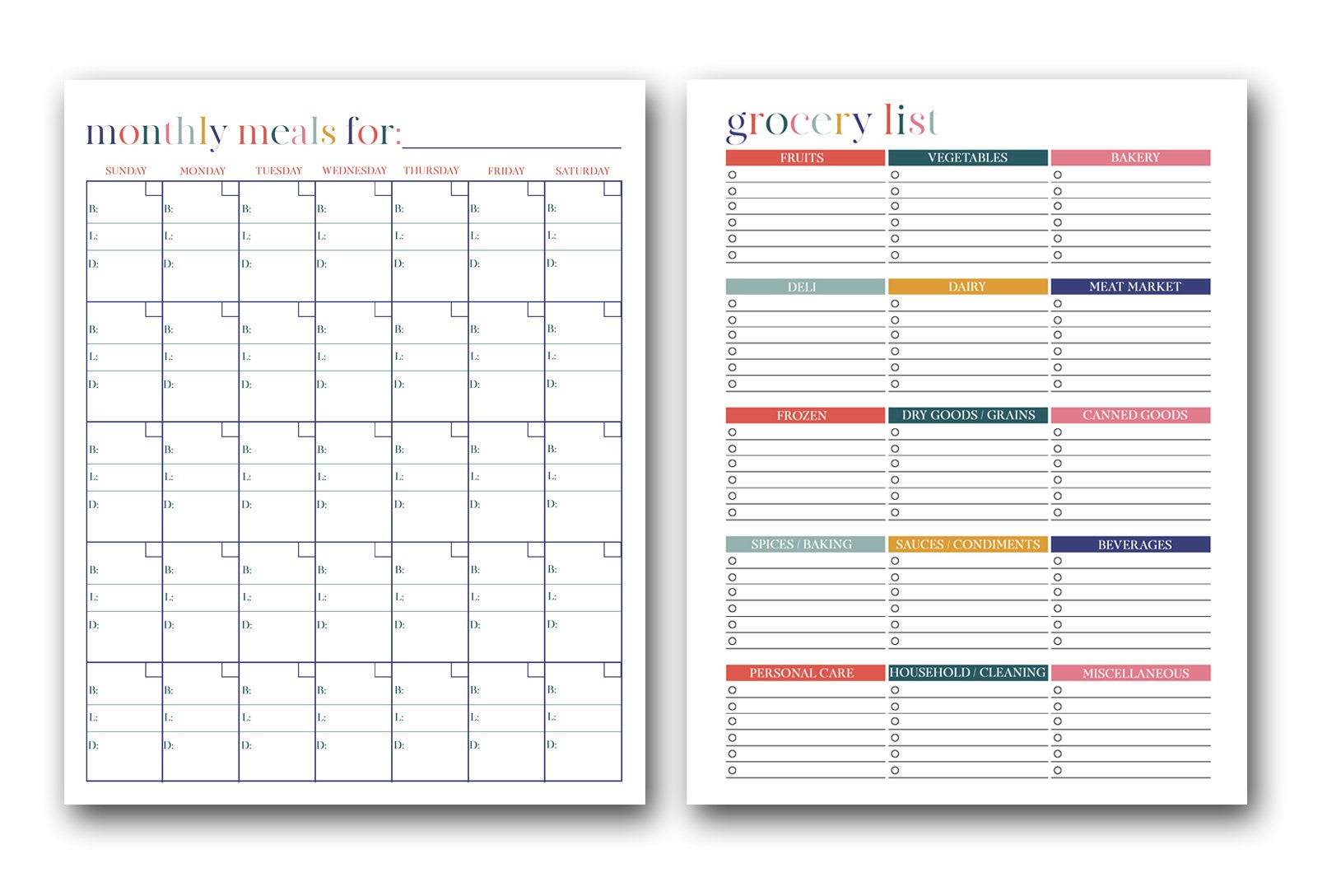 Printable Monthly Meal Planner and Grocery List Menu Planner Shopping