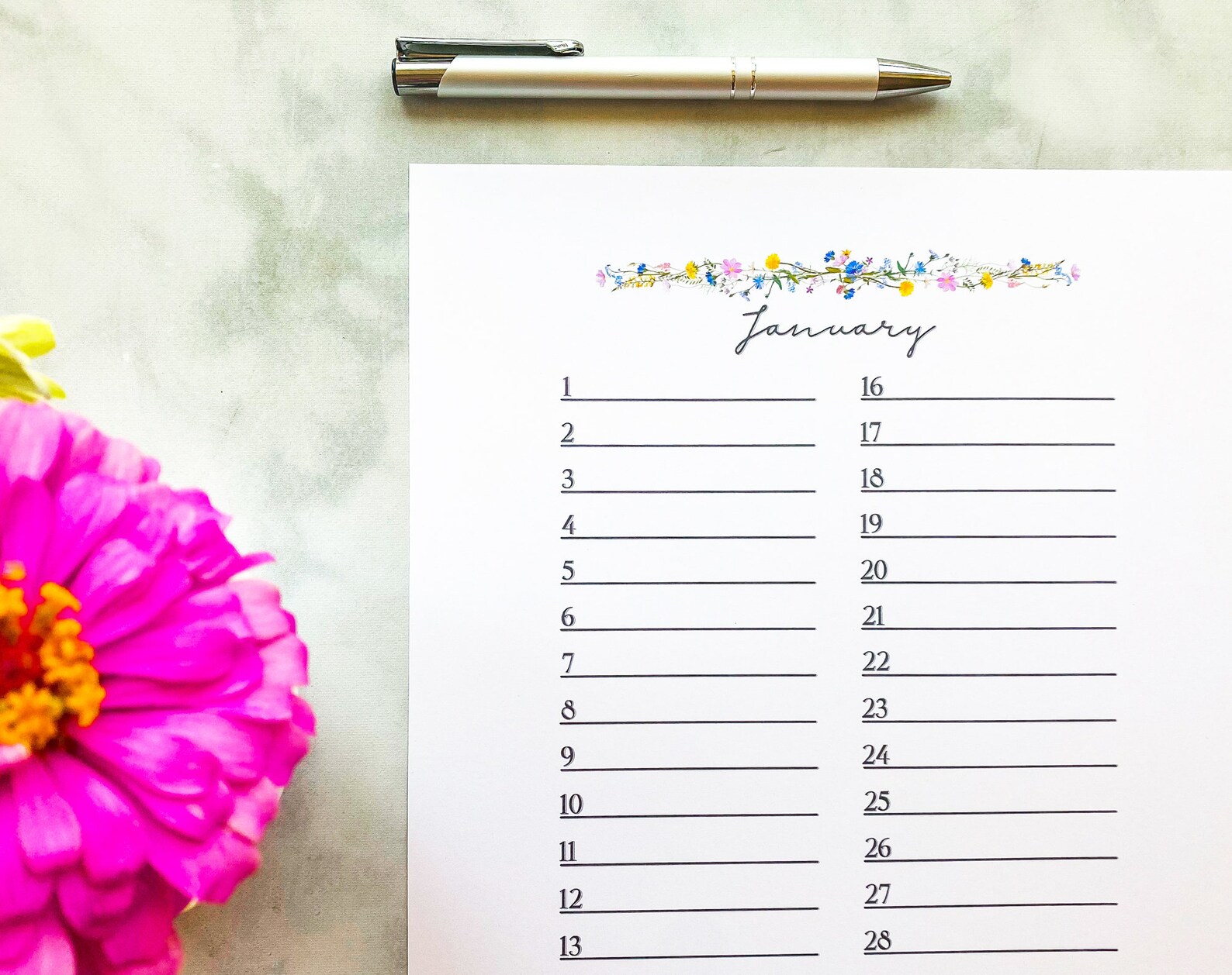 Printable Floral Perpetual Calendar Desk Calendar Undated Calendar