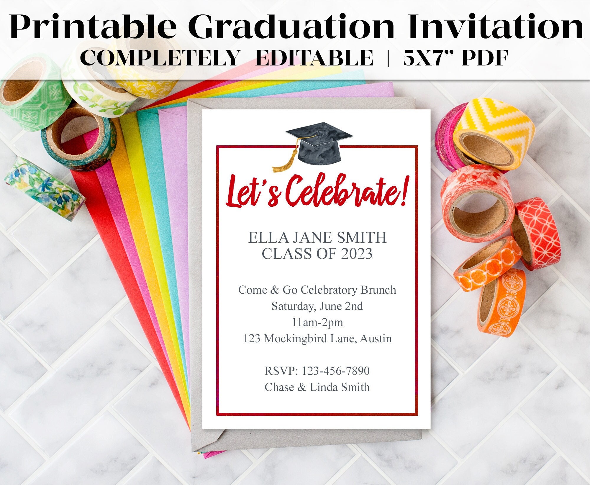 Printable Graduation Party Invitation With Red Accents Editable Invitation Template Graduation