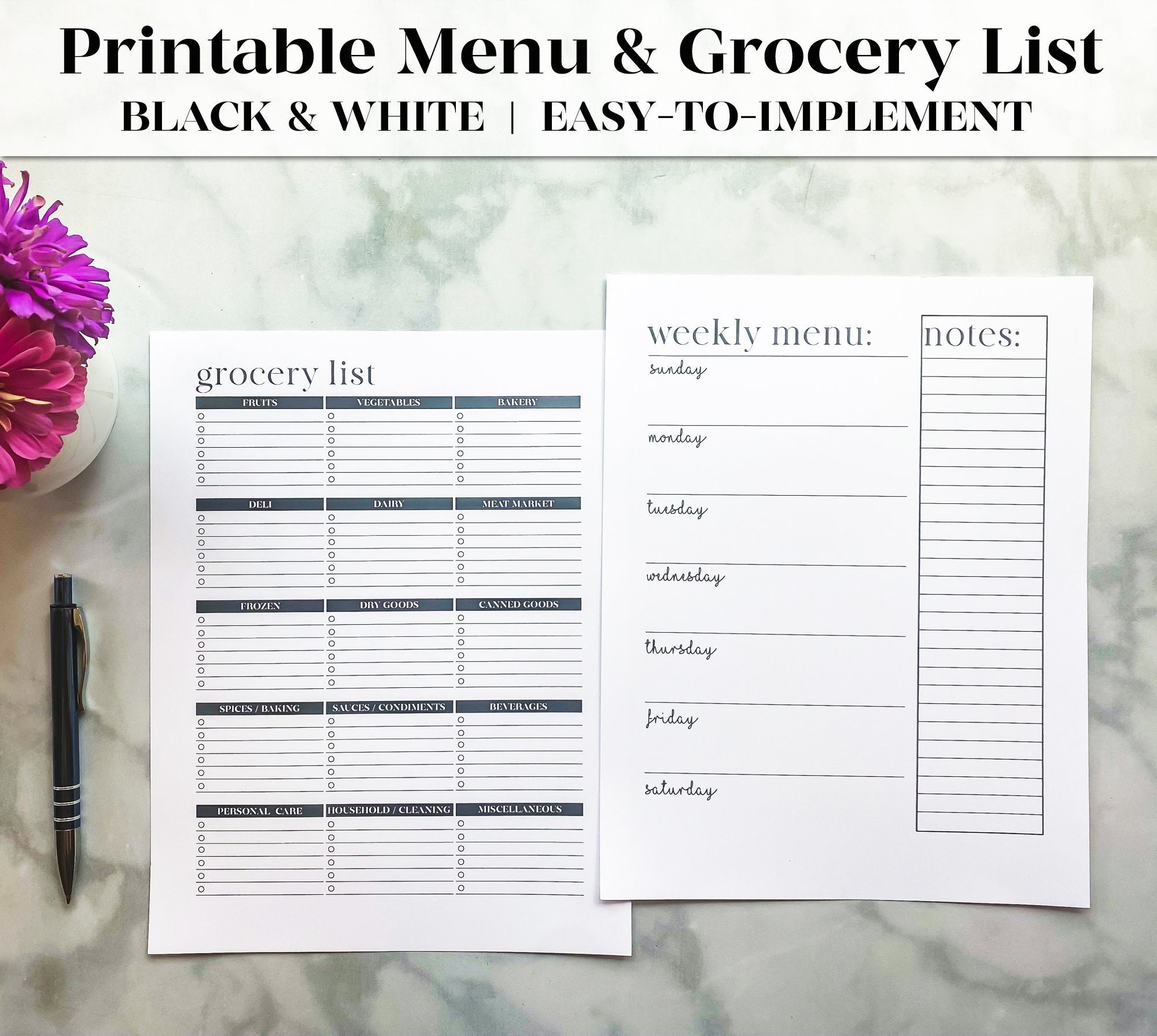 Weekly Meal Planner With Grocery List Printable in Black & White ...