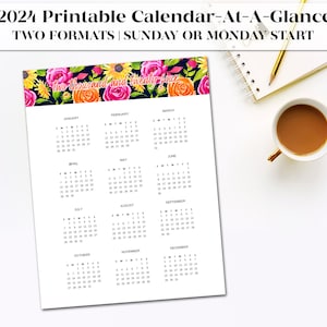 Printable Floral 2024 Calendar Year At a Glance | Preppy Floral Printable Digital Printable Calendar | Year at a Glance 2024 Calendar