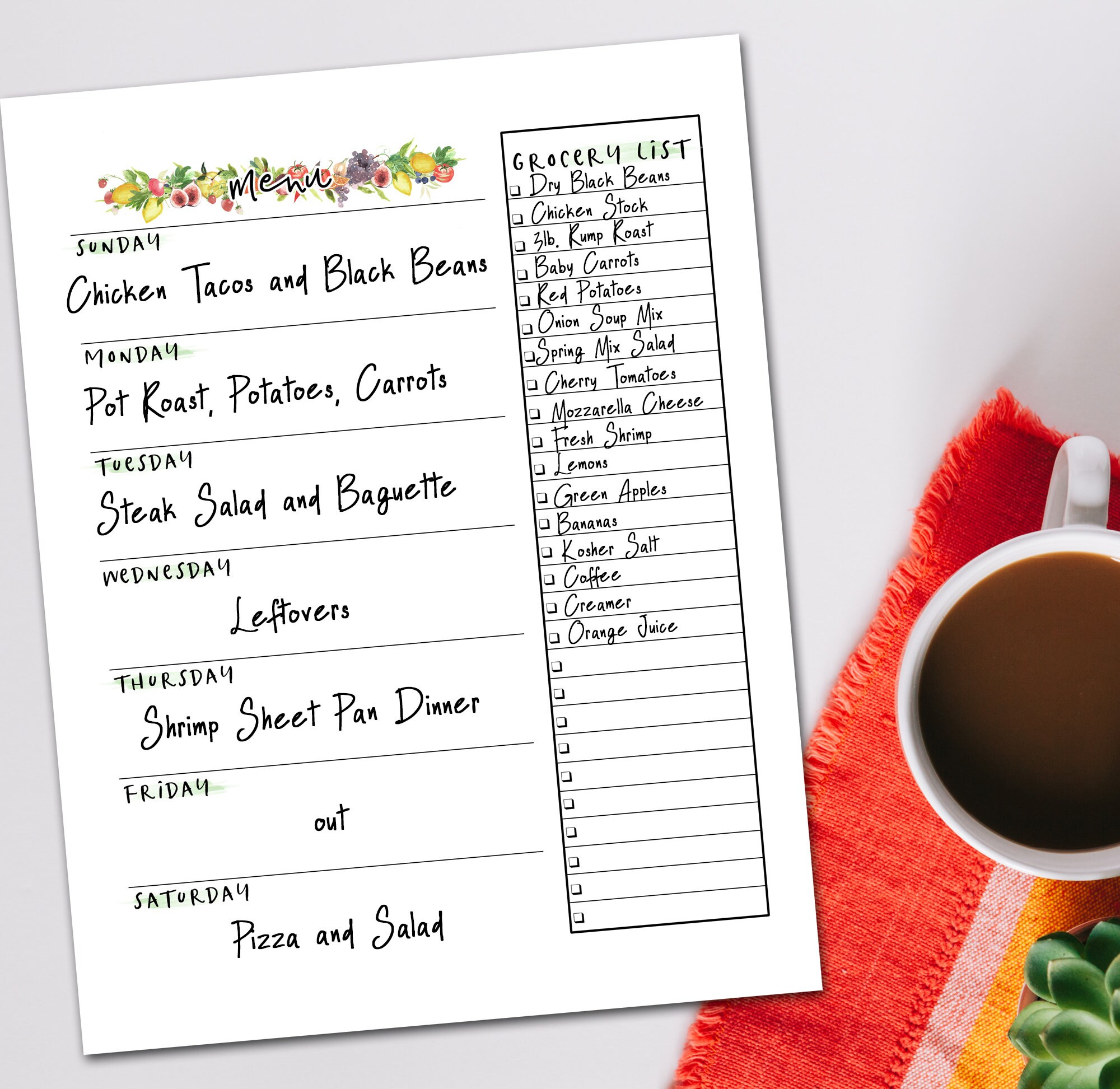 Watercolor Printable Meal Planner With Shopping List | Weekly Menu ...