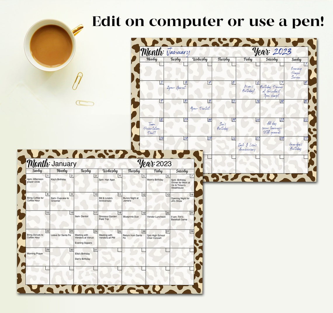 Editable &amp; Printable Blank Calendar in Leopard Print | Perpetual ...