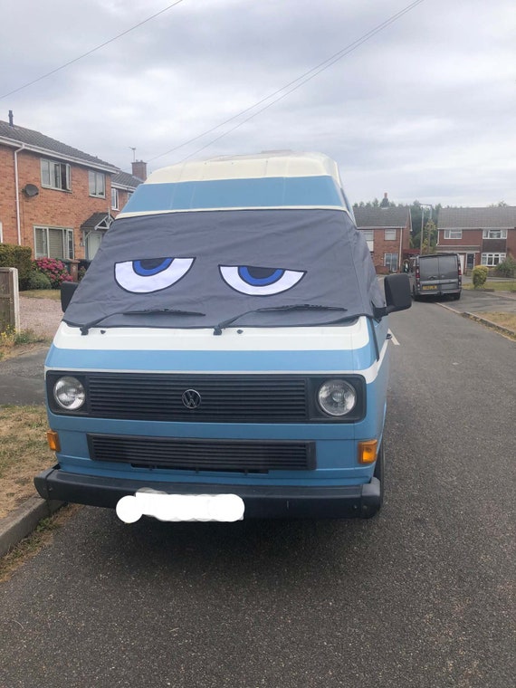 Fuel Lagoon VW Transporter T5 Window Screen Cover – Frost Black Blind With Blue Angry Eyes
