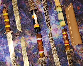 Gold Anodized Candle Wax Carving Tool, Envelope Opener, or Mini Collectable Sword with flower pattern.