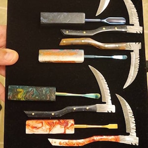 Damascus Steel Mini Scythe with matching scooper candle  Wax Carving tool. Collectable Mini Scythe, envelope opener, or mini sword