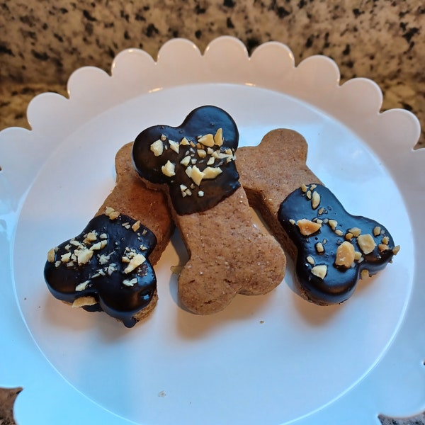 Dog treats, gourmet dog treats, dog cookies, dog biscuits, peanut butter dipped in carob