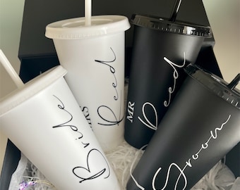 Personalised cold cups. White and black gold cups. Bride and groom cold cups. Mr and mrs cold cups. Bridal gifts. Honeymoon.