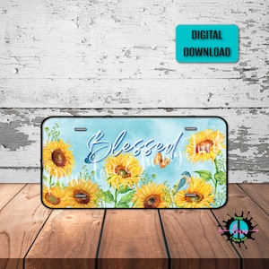 Blessed Sunflower License Plate Png for Sublimation Printing, Vibrant Butterfly, Spring Sunflower License Plate Png, Digital Downloads