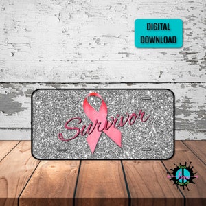 Pink Ribbon Breast Cancer Survivor Matrícula Png Sublimation Print, Silver Glitter Matrícula Png, Descarga digital