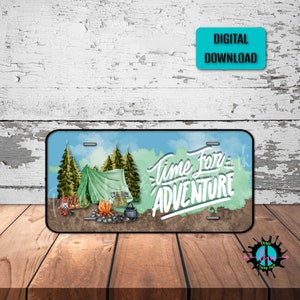 May include: A digital download of a watercolor illustration of a camping scene with a tent, campfire, and trees. The text "Time for Adventure" is written in white on a green and blue background.