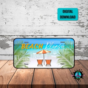 Beach Please License Plate Png for Sublimation Printing, Vibrant Ocean Scene, Beach chairs License Plate Png, Digital Downloads