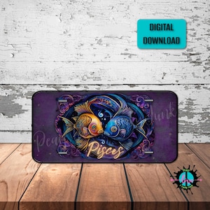 May include: A license plate featuring two stylized fish in a circular design, with the word "Pisces" in gold script. The background is a deep purple with floral accents. The words "Dear Junk" are also visible.