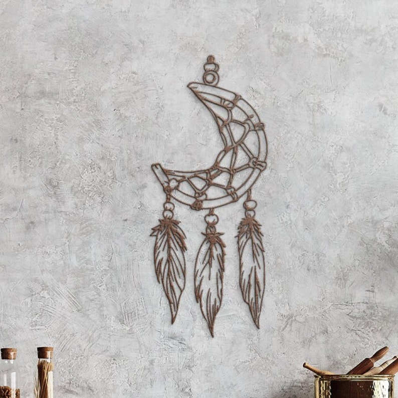 Dream Catchers: The Origins and Spiritual Meaning 5 Half Moon Dream Catcher Metal Wall Art AZTEC Dreamcatcher, Native American Wall Art, Large Wall Hanging Above The Bed Bedroom Wall Decor image 1