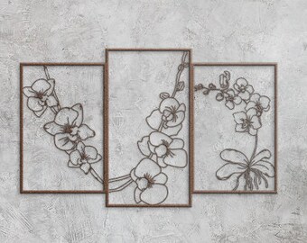 Floral Metal Wall Art, Orchid Flowers Set of 3 Metal Flowers Wall Hanging Art Metal Kitchen Wall Art Spring Gift  Housewarming Gift