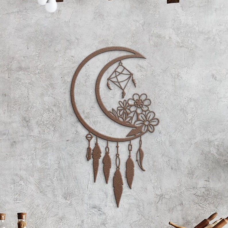 Dream Catchers: The Origins and Spiritual Meaning 27 Metal Half Moon Dream Catcher Wall Art AZTEC Dreamcatcher, Native American Wall Art, Large Wall Hanging Above The Bed Bedroom Wall Decor image 1