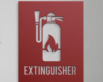 May include: Red metal sign with a white silhouette of a fire extinguisher and the word "EXTINGUISHER" in white.