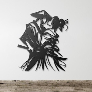 Samurai Geisha Metal Wall Art, Warrior Couple Silhouette, Samurai Wall Decor, Modern Japanese Decor for Living Room, Asian Home Decor,