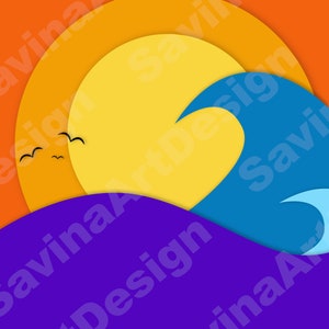 Digital Art, Printable, Wallpaper, Summer Illustration, Waves, Sun, Sea, Birds