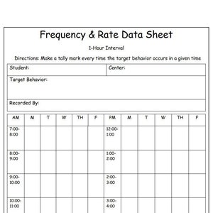 May include: A white Frequency & Rate Data Sheet with the title at the top. The sheet includes sections for student, center, and target behavior. It has a 1-hour interval with time slots from 7:00 AM to 4:00 PM, and days of the week.